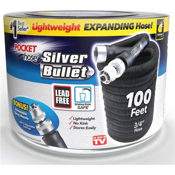 Pocket Hose Silver Bullet 100 ft Turbo Shot Nozzle Multiple Spray Patterns - Picture 6 of 6